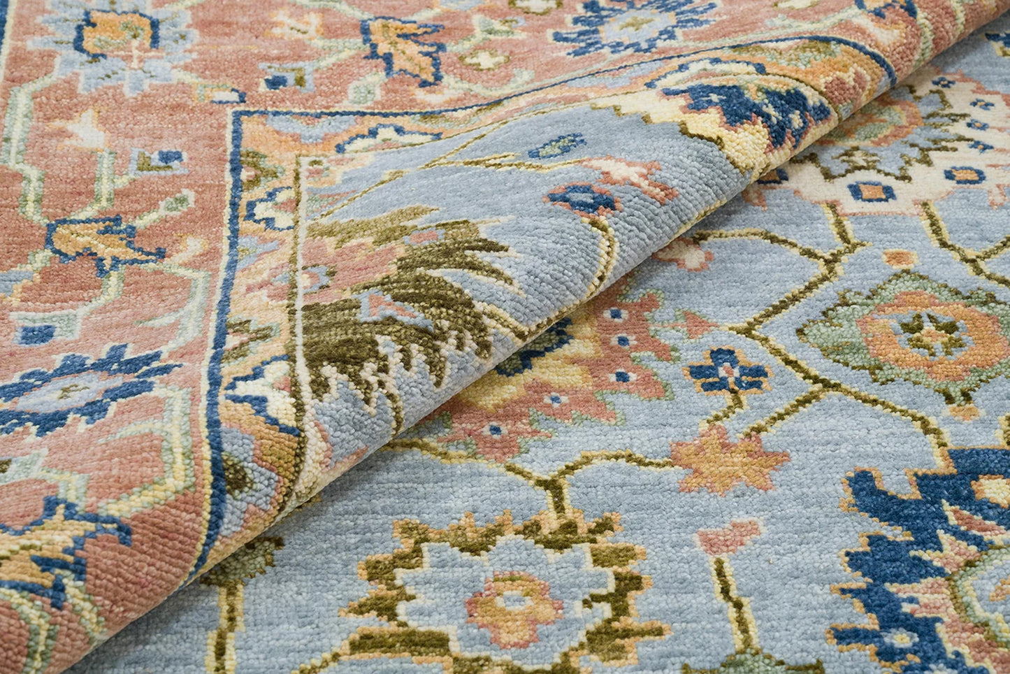 Bright Modern Oushak Wool Rug – Hand-Knotted Turkish Rug in Gray, Rust, Navy Blue & Olive Green
