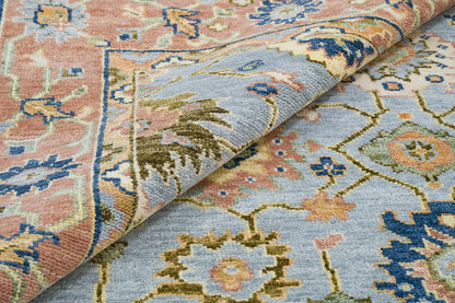 Bright Modern Oushak Wool Rug – Hand-Knotted Turkish Rug in Gray, Rust, Navy Blue & Olive Green