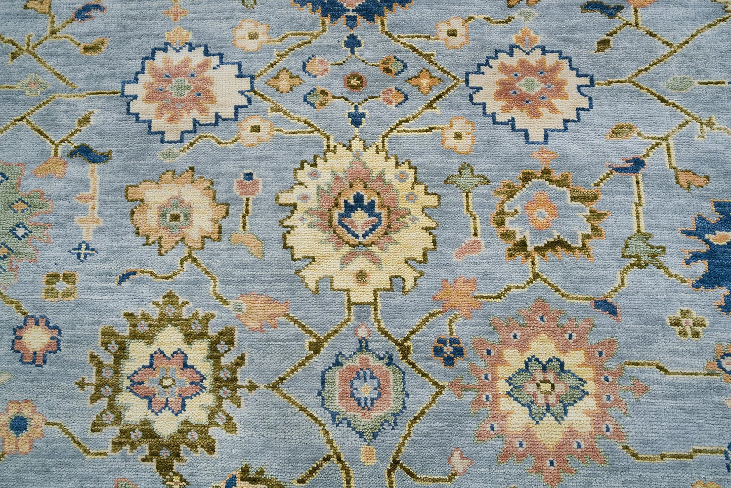 Bright Modern Oushak Wool Rug – Hand-Knotted Turkish Rug in Gray, Rust, Navy Blue & Olive Green