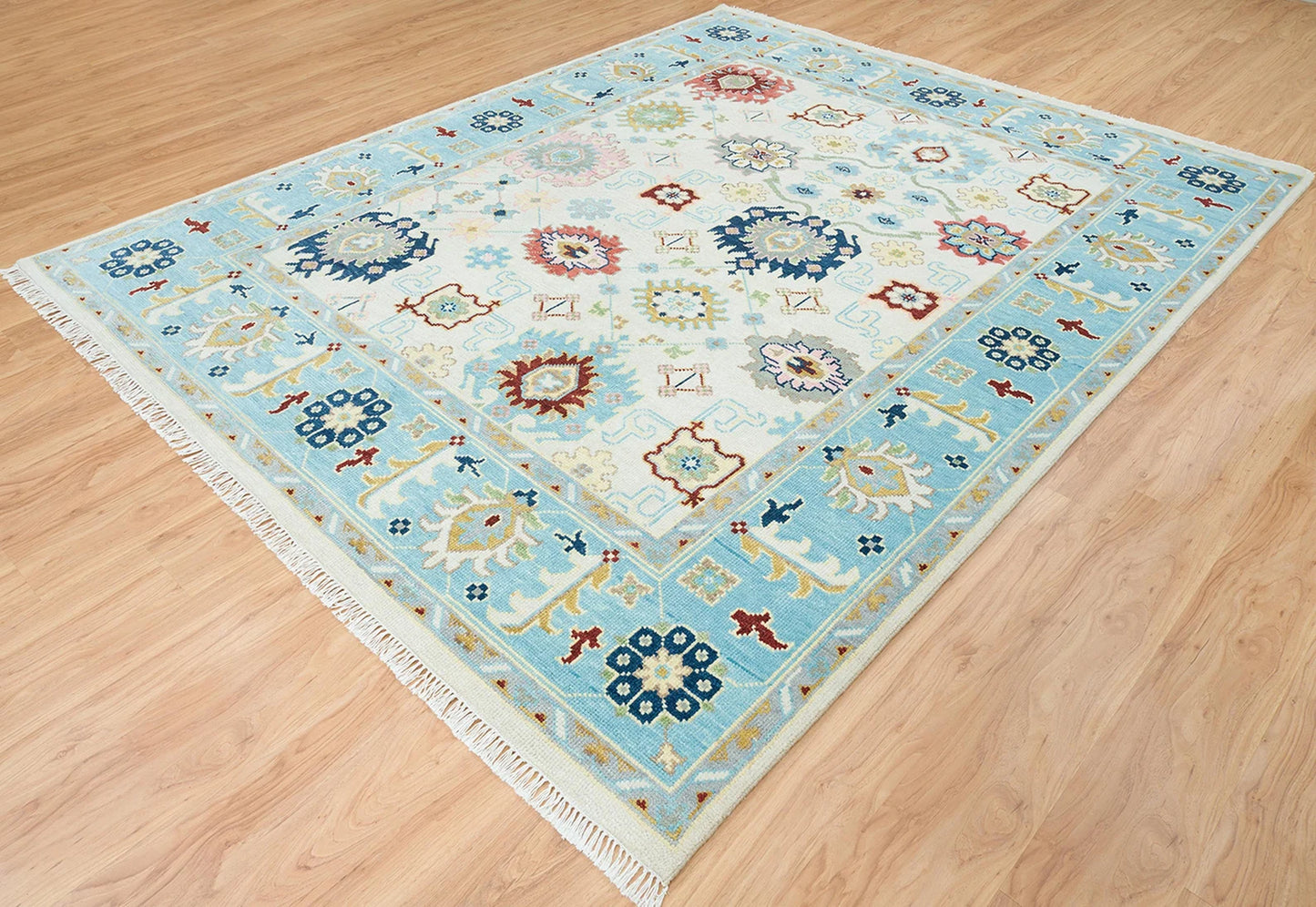 Ivory & Sky Blue Oushak Rug – Handmade Wool Area Rug | Large Colorful Modern Indoor Carpet for Living Room