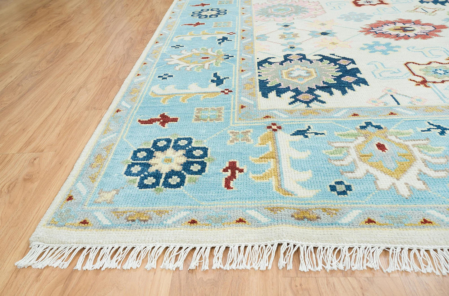 Ivory & Sky Blue Oushak Rug – Handmade Wool Area Rug | Large Colorful Modern Indoor Carpet for Living Room