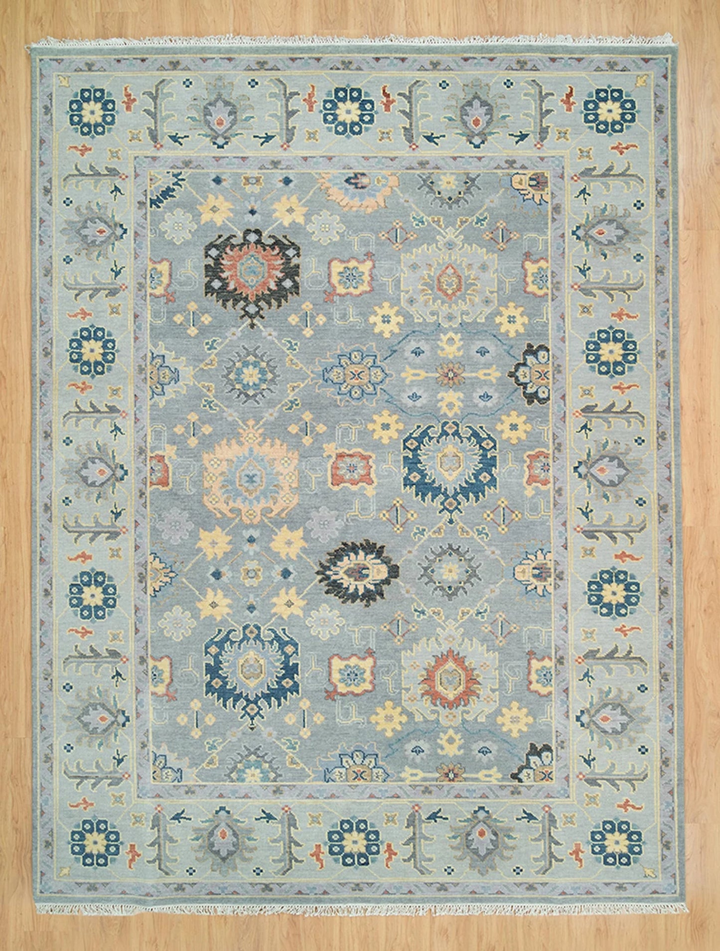 Gray Oushak Rug – Colorful Floral Wool Area Rug | Navy, Red & Cream | Large Handmade Turkish Rug for Bedroom or Living Room