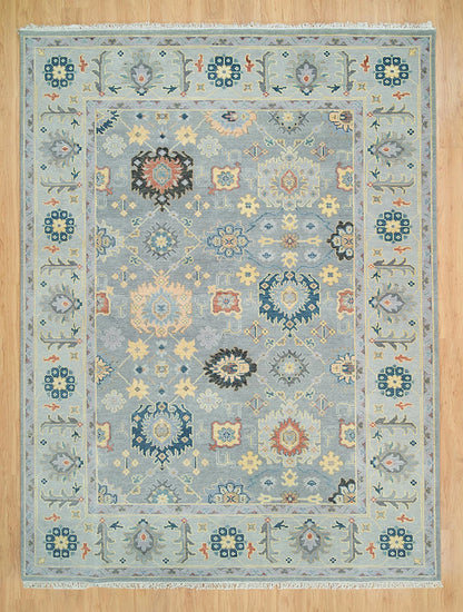 Gray Oushak Rug – Colorful Floral Wool Area Rug | Navy, Red & Cream | Large Handmade Turkish Rug for Bedroom or Living Room