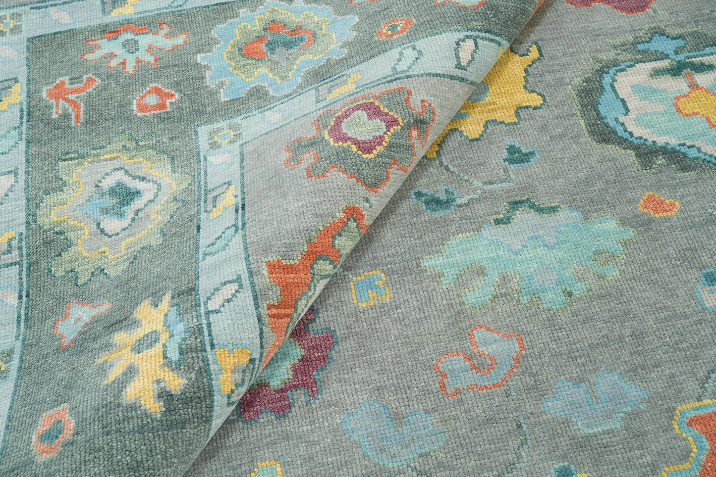 Modern Oushak Rug – Gray Green Wool | Colorful Abstract Turkish Area Rug