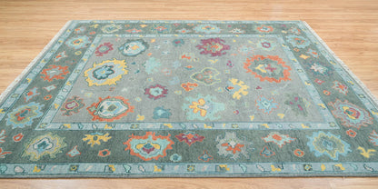 Modern Oushak Rug – Gray Green Wool | Colorful Abstract Turkish Area Rug