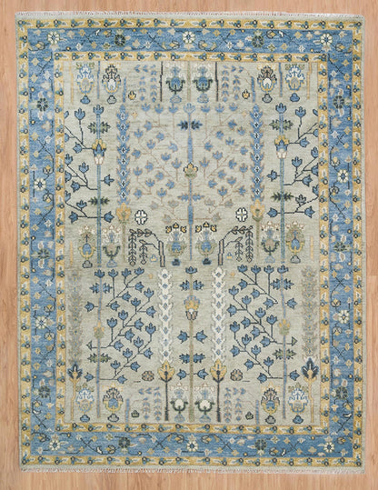 Handmade Persian Rug – Yellow Blue Floral Wool Area Rug 8x10 | Cream, Gold, Green & Ivory for Living Room