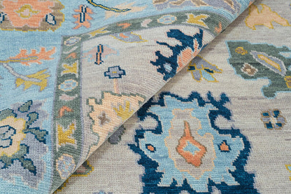 Gray & Blue Oushak Rug – Handmade Wool Area Rug with Gold, Pink & Navy Accents | Colorful Turkish Rug for Modern Living Room