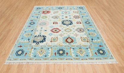 Ivory & Sky Blue Oushak Rug – Handmade Wool Area Rug | Large Colorful Modern Indoor Carpet for Living Room