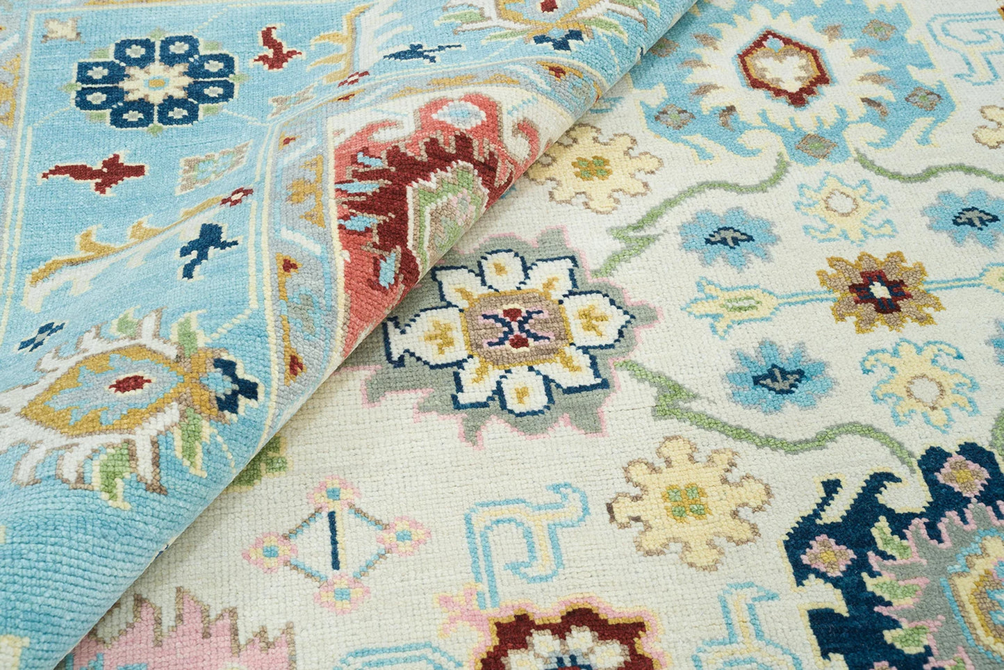 Ivory & Sky Blue Oushak Rug – Handmade Wool Area Rug | Large Colorful Modern Indoor Carpet for Living Room