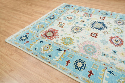 Ivory & Sky Blue Oushak Rug – Handmade Wool Area Rug | Large Colorful Modern Indoor Carpet for Living Room