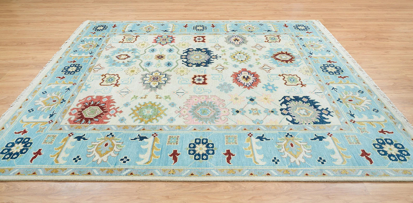 Ivory & Sky Blue Oushak Rug – Handmade Wool Area Rug | Large Colorful Modern Indoor Carpet for Living Room