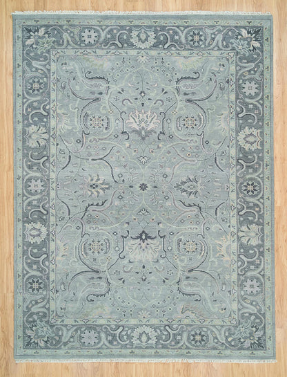 Silver Gray Oushak Rug – Lilac & Muted Green Accent Wool Area Rug | Handknotted Turkish Rug ‘Arctic Frost’ for Living Room