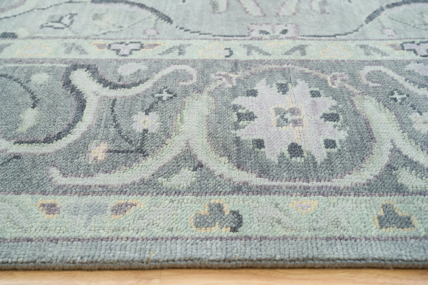 Silver Gray Oushak Rug – Lilac & Muted Green Accent Wool Area Rug | Handknotted Turkish Rug ‘Arctic Frost’ for Living Room