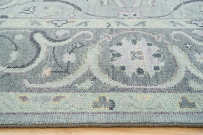 Silver Gray Oushak Rug – Lilac & Muted Green Accent Wool Area Rug | Handknotted Turkish Rug ‘Arctic Frost’ for Living Room