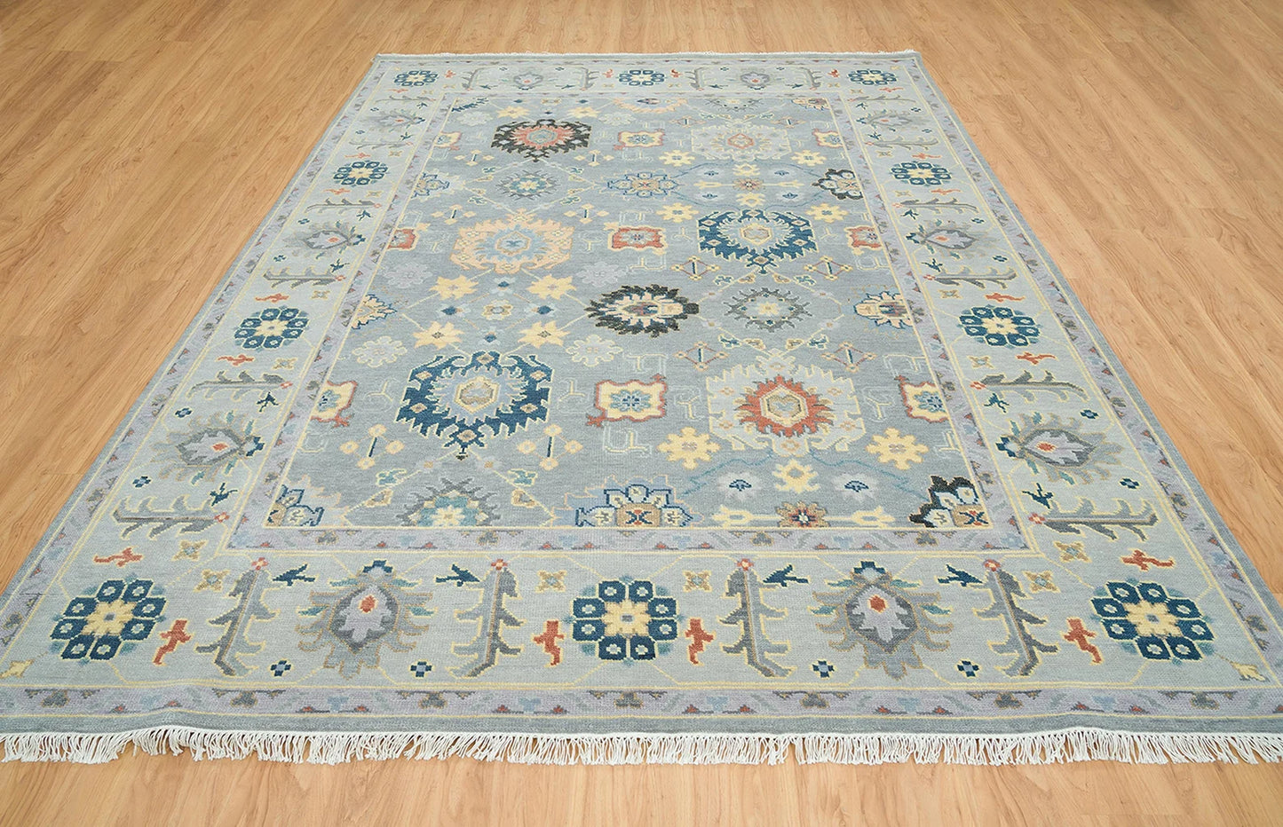 Gray Oushak Rug – Colorful Floral Wool Area Rug | Navy, Red & Cream | Large Handmade Turkish Rug for Bedroom or Living Room