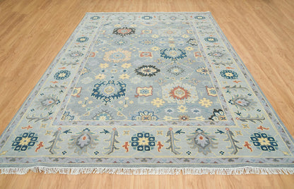 Gray Oushak Rug – Colorful Floral Wool Area Rug | Navy, Red & Cream | Large Handmade Turkish Rug for Bedroom or Living Room