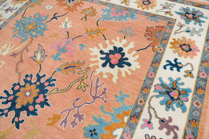 Contemporary Oushak Rug – Light Orange Wool Area Rug with Pink & Blue | Ivory Border Turkish Rug 8x10 / 9x12 for Modern Living Room