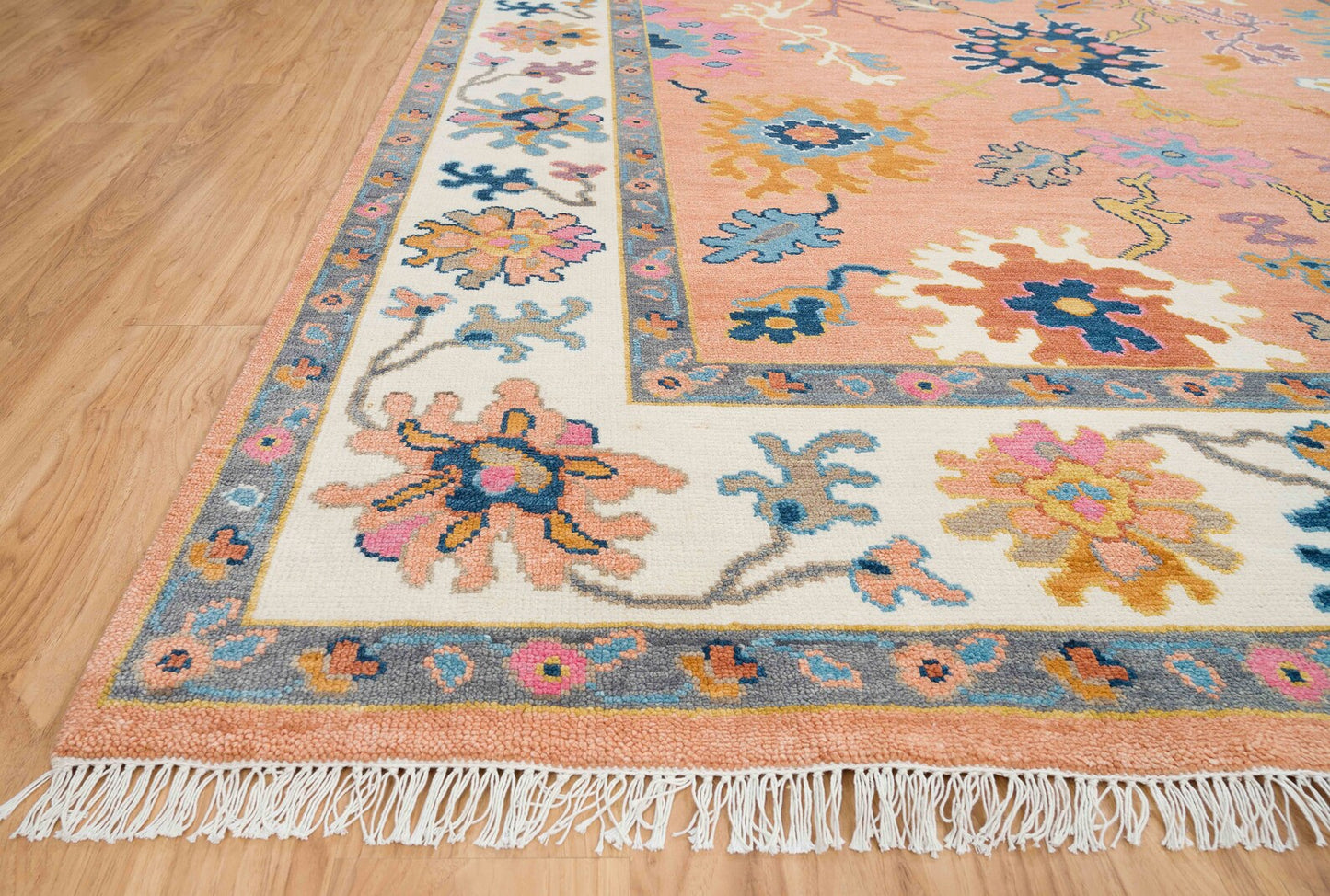 Contemporary Oushak Rug – Light Orange Wool Area Rug with Pink & Blue | Ivory Border Turkish Rug 8x10 / 9x12 for Modern Living Room