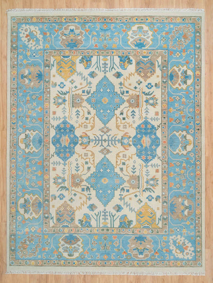 Modern Oushak Rug – 8x10 & 9x12 | Mustard Gold, Ivory, Beige & Light Blue | Handmade Turkish Wool Area Rug for Living Room