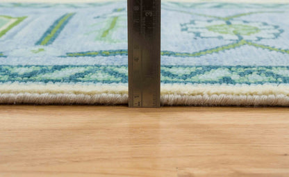 Oushak Rug – Cream, Blue & Green with Pink Accents | Modern Abstract Turkish Wool Rug | Handknotted Bedroom Area Carpet