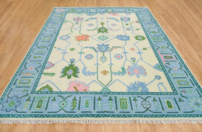 Oushak Rug – Cream, Blue & Green with Pink Accents | Modern Abstract Turkish Wool Rug | Handknotted Bedroom Area Carpet