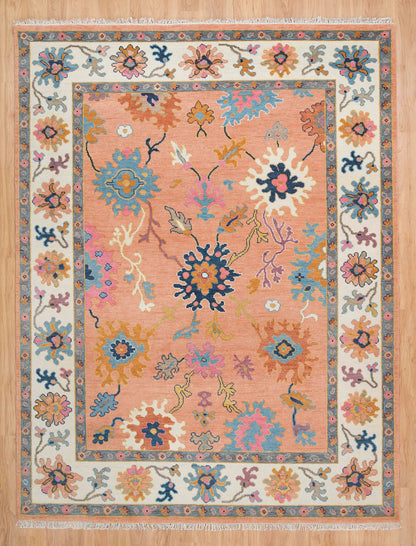 Contemporary Oushak Rug – Light Orange Wool Area Rug with Pink & Blue | Ivory Border Turkish Rug 8x10 / 9x12 for Modern Living Room