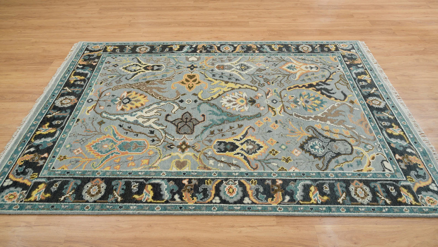 Fossil Gray Oushak Rug – Gold Accent Wool Area Rug | Teal, Ivory & Black Border Turkish Rug for Living Room or Bedroom