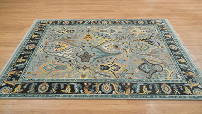 Fossil Gray Oushak Rug – Gold Accent Wool Area Rug | Teal, Ivory & Black Border Turkish Rug for Living Room or Bedroom