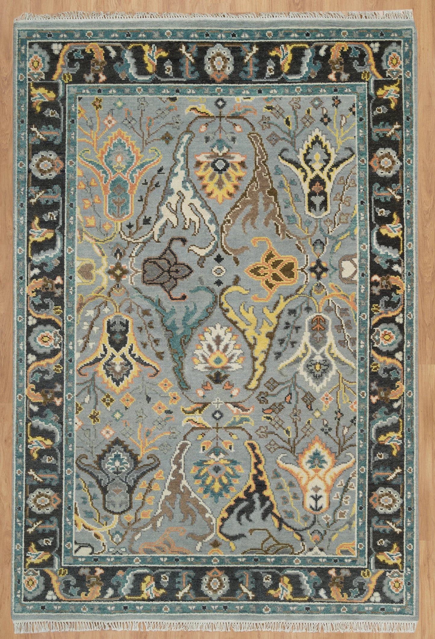 Fossil Gray Oushak Rug – Gold Accent Wool Area Rug | Teal, Ivory & Black Border Turkish Rug for Living Room or Bedroom