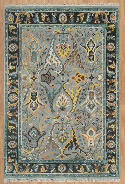 Fossil Gray Oushak Rug – Gold Accent Wool Area Rug | Teal, Ivory & Black Border Turkish Rug for Living Room or Bedroom