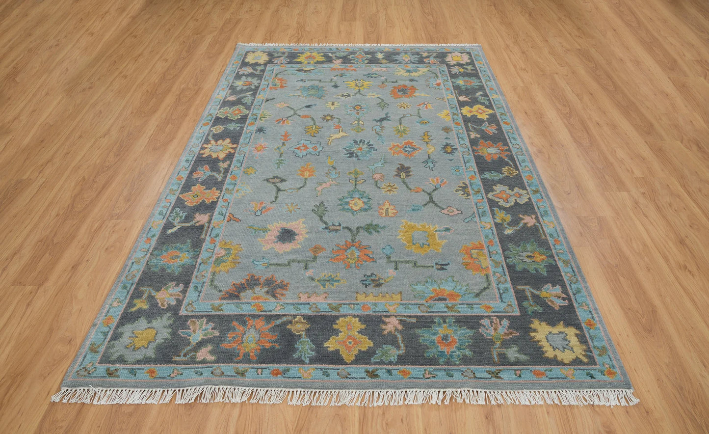 Faded Gray Modern Oushak Rug – Teal & Gold Wool Area Rug | Blue & Black Border Handmade Turkish Floral Carpet for Living Room