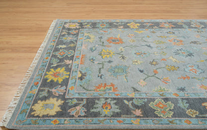 Faded Gray Modern Oushak Rug – Teal & Gold Wool Area Rug | Blue & Black Border Handmade Turkish Floral Carpet for Living Room
