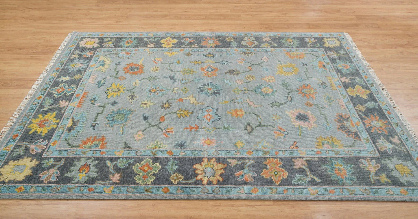 Faded Gray Modern Oushak Rug – Teal & Gold Wool Area Rug | Blue & Black Border Handmade Turkish Floral Carpet for Living Room