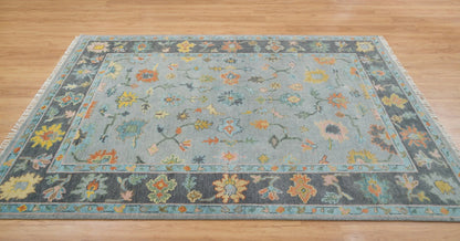 Faded Gray Modern Oushak Rug – Teal & Gold Wool Area Rug | Blue & Black Border Handmade Turkish Floral Carpet for Living Room