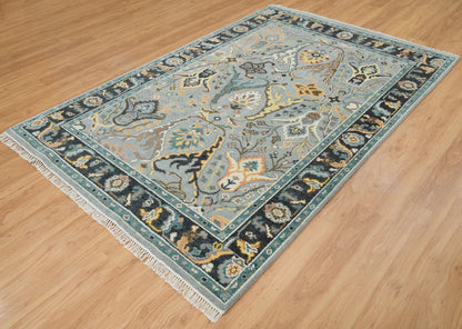 Fossil Gray Oushak Rug – Gold Accent Wool Area Rug | Teal, Ivory & Black Border Turkish Rug for Living Room or Bedroom