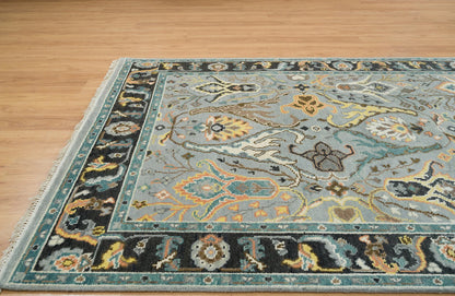 Fossil Gray Oushak Rug – Gold Accent Wool Area Rug | Teal, Ivory & Black Border Turkish Rug for Living Room or Bedroom