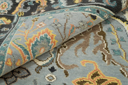 Fossil Gray Oushak Rug – Gold Accent Wool Area Rug | Teal, Ivory & Black Border Turkish Rug for Living Room or Bedroom