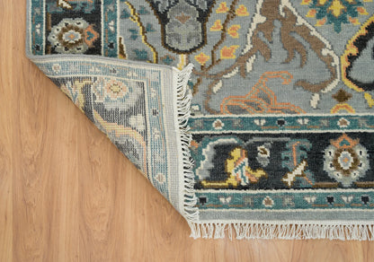 Fossil Gray Oushak Rug – Gold Accent Wool Area Rug | Teal, Ivory & Black Border Turkish Rug for Living Room or Bedroom