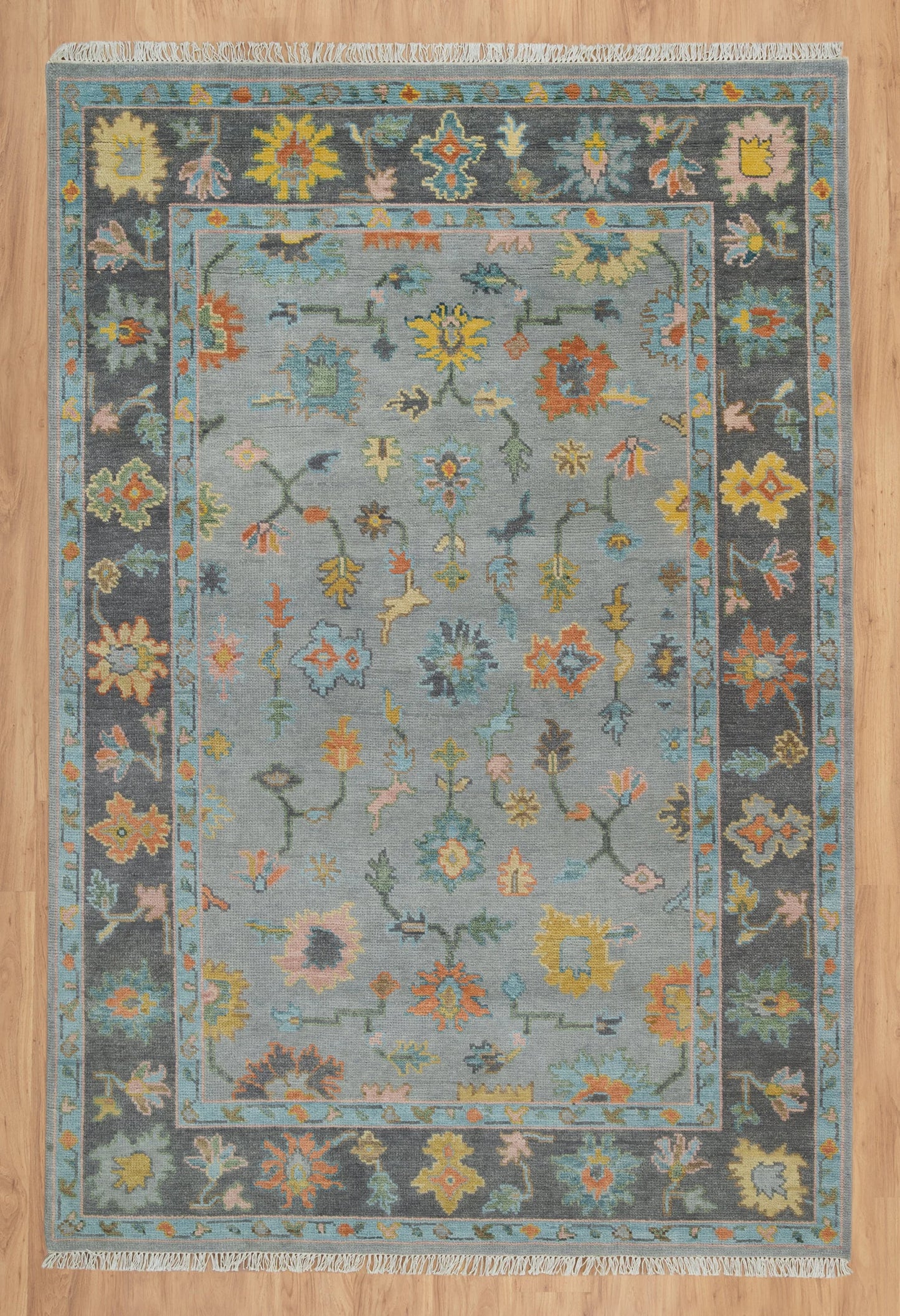 Faded Gray Modern Oushak Rug – Teal & Gold Wool Area Rug | Blue & Black Border Handmade Turkish Floral Carpet for Living Room