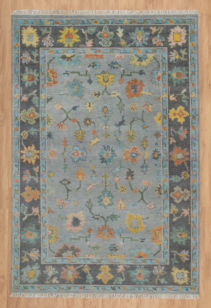 Faded Gray Modern Oushak Rug – Teal & Gold Wool Area Rug | Blue & Black Border Handmade Turkish Floral Carpet for Living Room