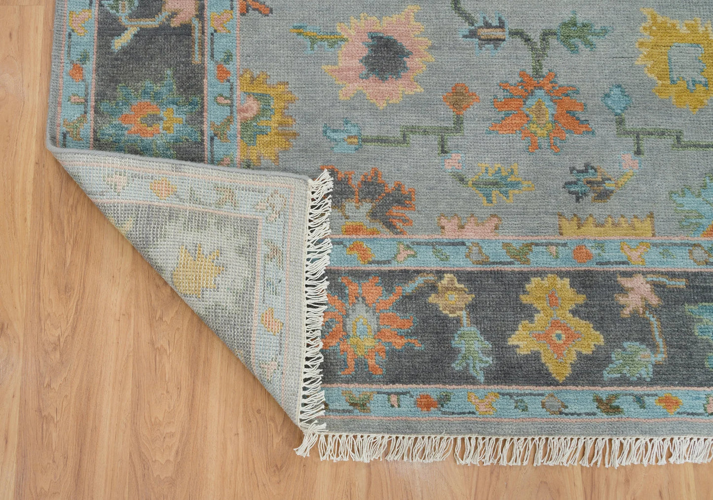 Faded Gray Modern Oushak Rug – Teal & Gold Wool Area Rug | Blue & Black Border Handmade Turkish Floral Carpet for Living Room