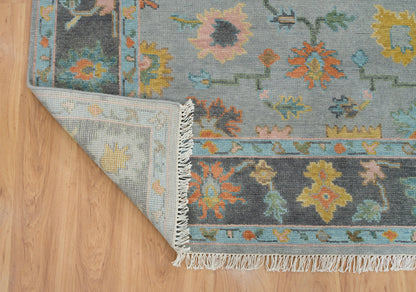 Faded Gray Modern Oushak Rug – Teal & Gold Wool Area Rug | Blue & Black Border Handmade Turkish Floral Carpet for Living Room