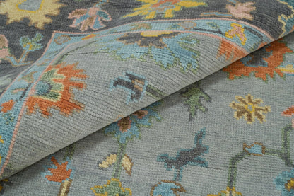 Faded Gray Modern Oushak Rug – Teal & Gold Wool Area Rug | Blue & Black Border Handmade Turkish Floral Carpet for Living Room