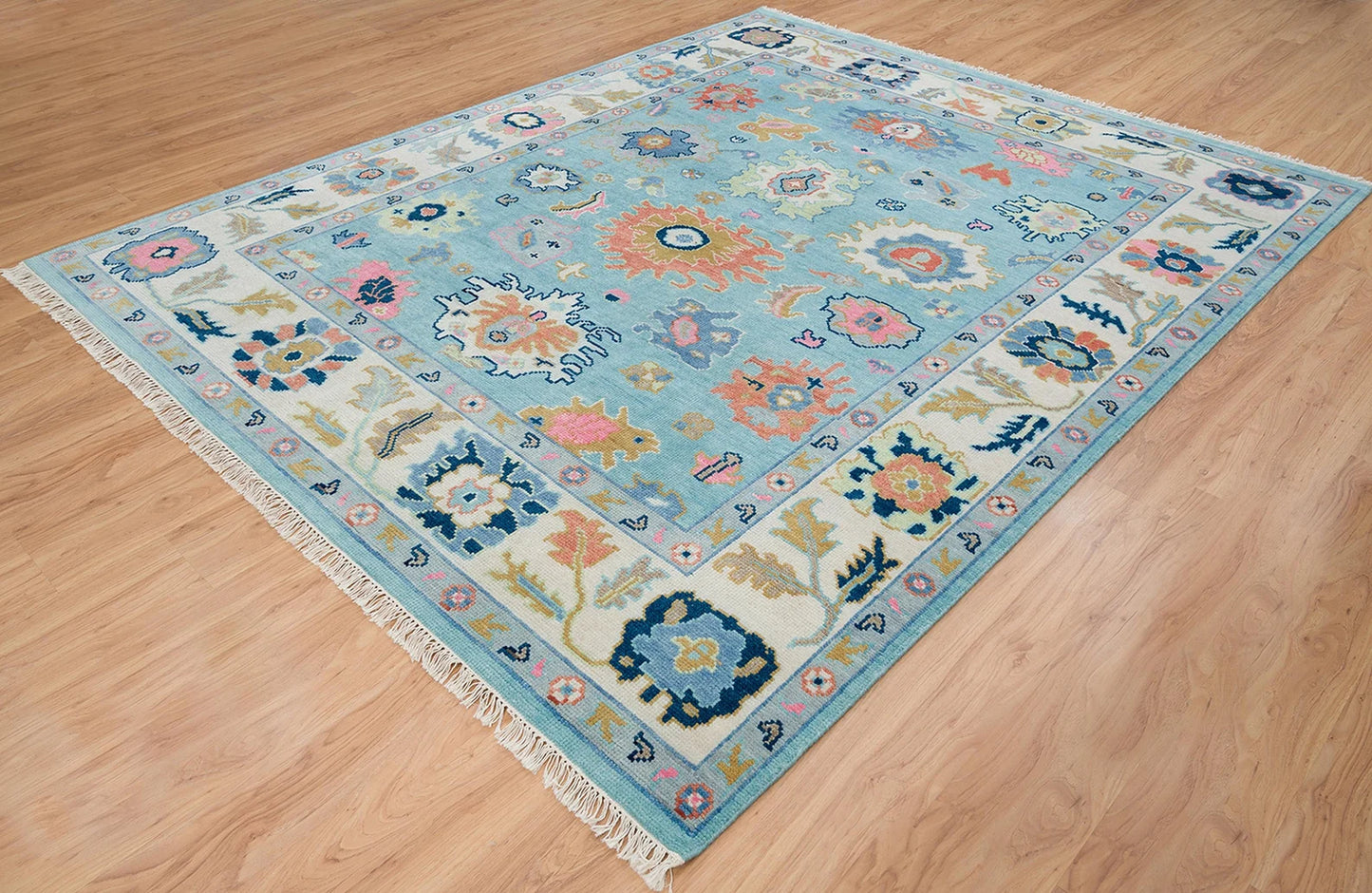 Oushak Rug – Light Blue Wool Area Rug 8x10 or 9x12 | Ivory, Pink, Green, Navy | Handknotted Turkish Carpet