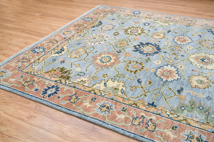 Bright Modern Oushak Wool Rug – Hand-Knotted Turkish Rug in Gray, Rust, Navy Blue & Olive Green