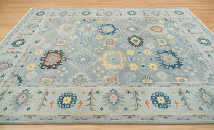 Gray Oushak Rug – Colorful Floral Wool Area Rug | Navy, Red & Cream | Large Handmade Turkish Rug for Bedroom or Living Room