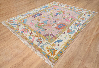 Modern Multicolor Pink Oushak Rug – Handmade Turkish Wool Rug (8x10, 9x12) for Bedroom or Living Room