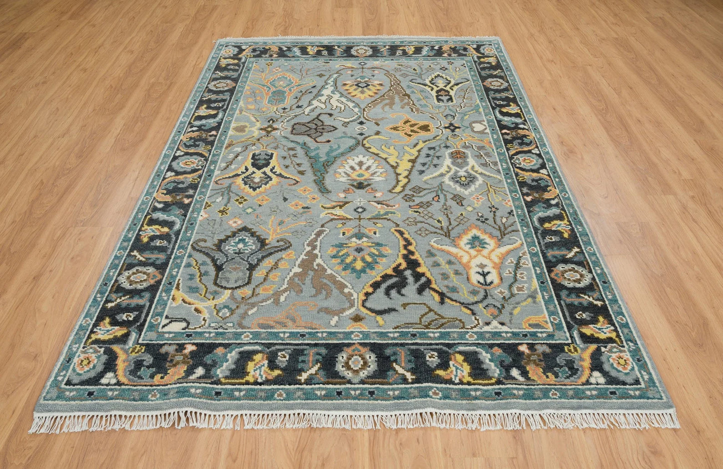 Fossil Gray Oushak Rug – Gold Accent Wool Area Rug | Teal, Ivory & Black Border Turkish Rug for Living Room or Bedroom