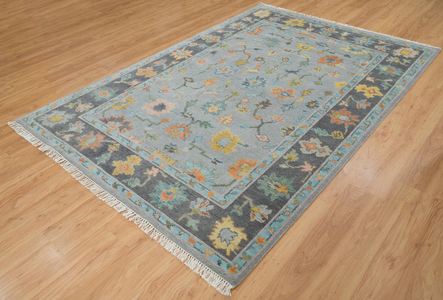 Faded Gray Modern Oushak Rug – Teal & Gold Wool Area Rug | Blue & Black Border Handmade Turkish Floral Carpet for Living Room