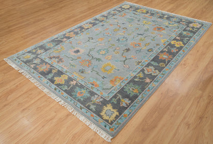 Faded Gray Modern Oushak Rug – Teal & Gold Wool Area Rug | Blue & Black Border Handmade Turkish Floral Carpet for Living Room